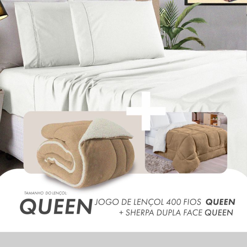 Oferta Jogo de Lençol 400 Fios + Sherpa Dupla Face Queen